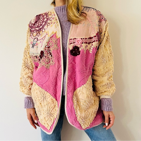Vintage Patchwork Jacket coat cardigan crochet boho Embroidered oversized - Picture 2 of 11
